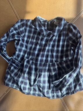 Bonpoint Girls Navy and White Plaid Long-Sleeve Plaid Top